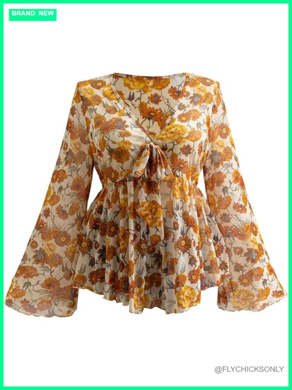 Plus Size Ruffle Tie Front Mesh Floral Bell Sleeve Peplum Top Blouse